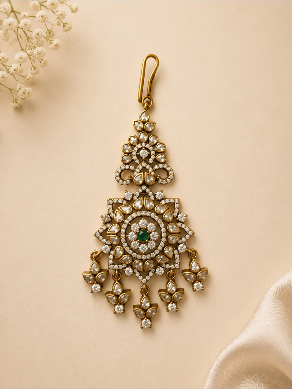Gold-plated Kundan Maang Tikka with Green Stone - Indian Jewellery